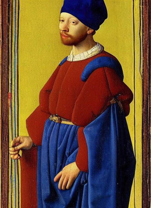 Image similar to portrait of a young man who is a king with a crown, medieval painting by Jan van Eyck, Johannes Vermeer, Florence