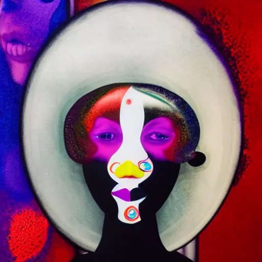 Prompt: The mixed media art is an abstract portrait of a woman. The woman's face is divided into two halves, one half is black and the other is white. The woman's eyes are large and staring. The mixed media art is full of energy and movement. by Rachel Maclean, by Oskar Fischinger relaxed