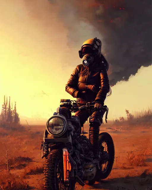 Prompt: a ultradetailed beautiful panting of post apocalyptic biker with helmet in front of crashed airplane burning, by ilya kuvshinov, greg rutkowski and makoto shinkai, trending on artstation