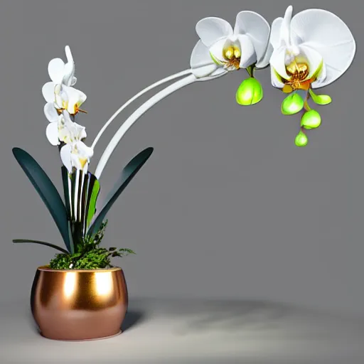 Image similar to an orchid flower, robotic, made of metal, shiny, glowing, unreal engine