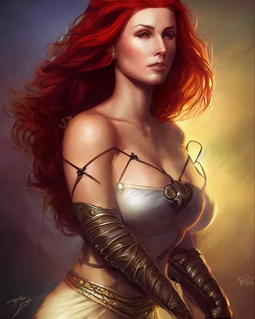 Prompt: a stunning portrait of triss merigold as a queen, digital art by julie bell and artgerm and ross tran and angel ganev, medium shot portrait, highly detailed, trending on artstationhq