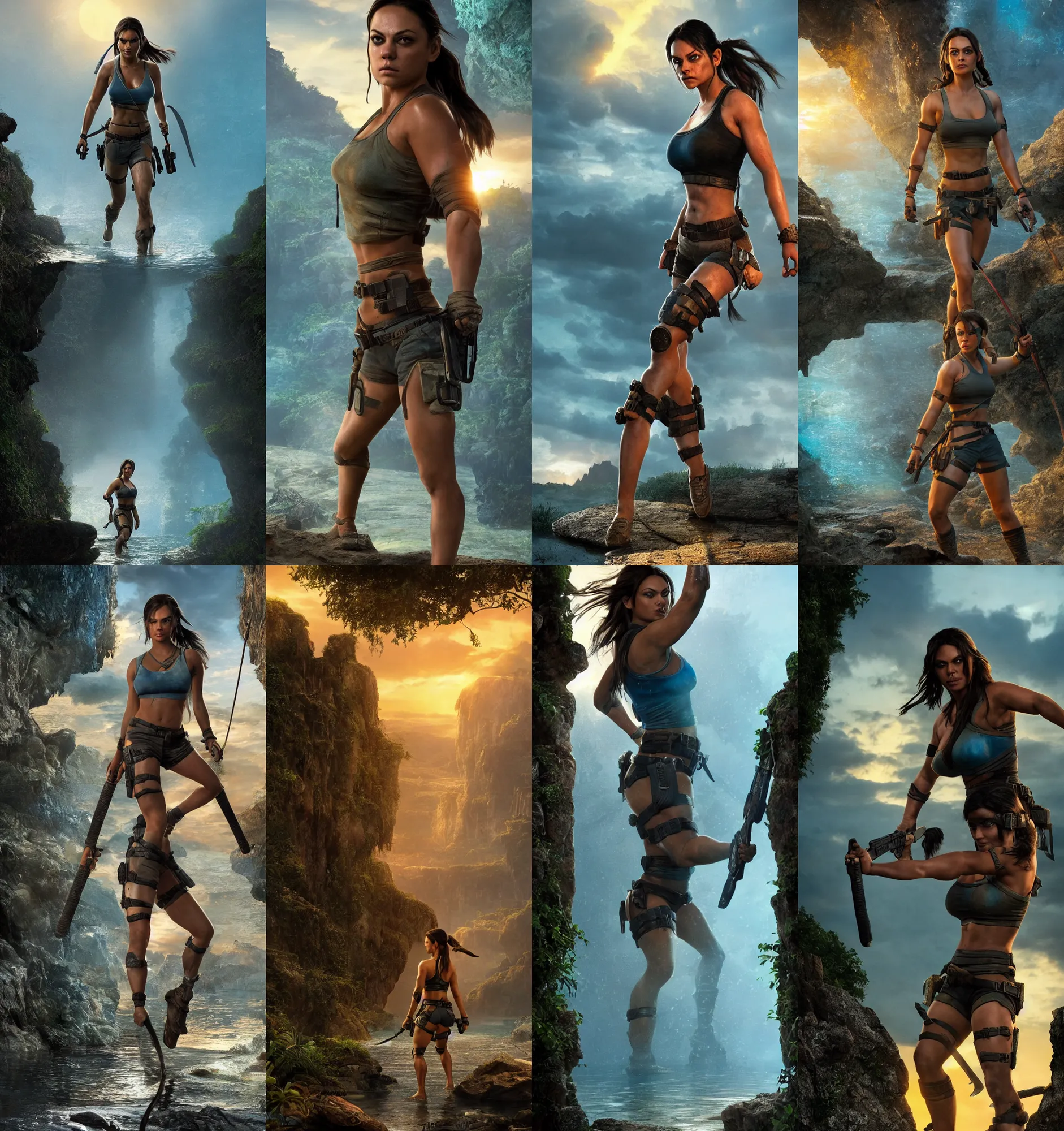 Prompt: mila kunis as muscled amazon lara croft wading through shallow blue glowing water, bright white castle stones, 2 0 0 mm focal length, epic vista of old ruins, sundown, golden hour, intricate, elegant, stanley lau, greg rutkowski