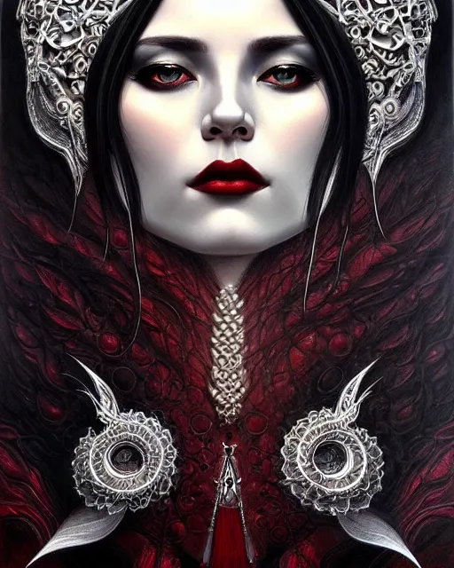 Prompt: portrait of a beautiful goddess, enigmatic beauty, dominant shades of black, silver, dark red, white, head in focus, fantasy art, ornamental aesthetics, intricate, elegant, highly detailed, hyperrealistic painting, artstation, concept art, painterly, sharp focus, illustration, art by karol bak