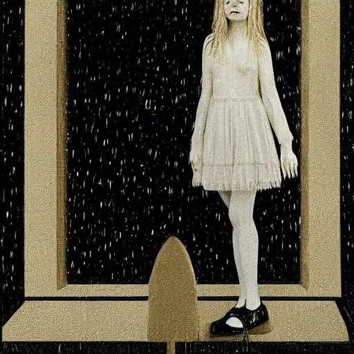 Image similar to a striking esoteric painting of Elle Fanning in the rain, dark, metal, black background, occult, by Grant Wood