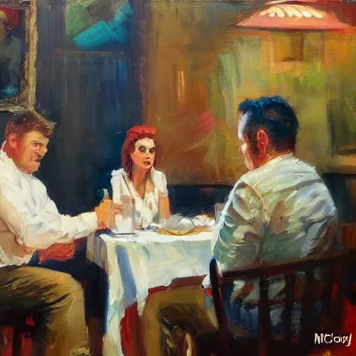 Prompt: by john wayne gacy, by michael garmash realist. a installation art of two people, a man & a woman, sitting at a table. the man is looking at the woman with interest. the woman is not interested in him. there is a lamp on the table between them.