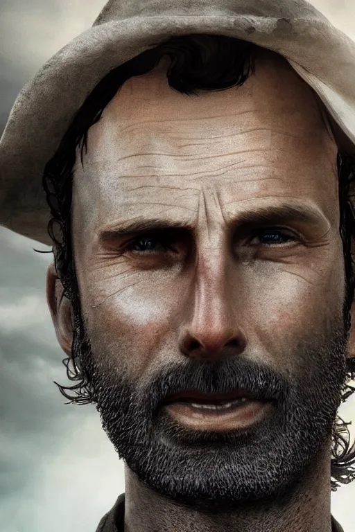 Image similar to portrait art of rick grimes 8 k ultra realistic, digital art, character portrait, highly detailed, trending on artstation, lens flare, atmosphere, hyper realistic, cinematic lightning, sharp focus, unreal engine 5, extreme details perfect face, pretty face, fine - face, illustration, 8 k, ultra texture, masterpiece