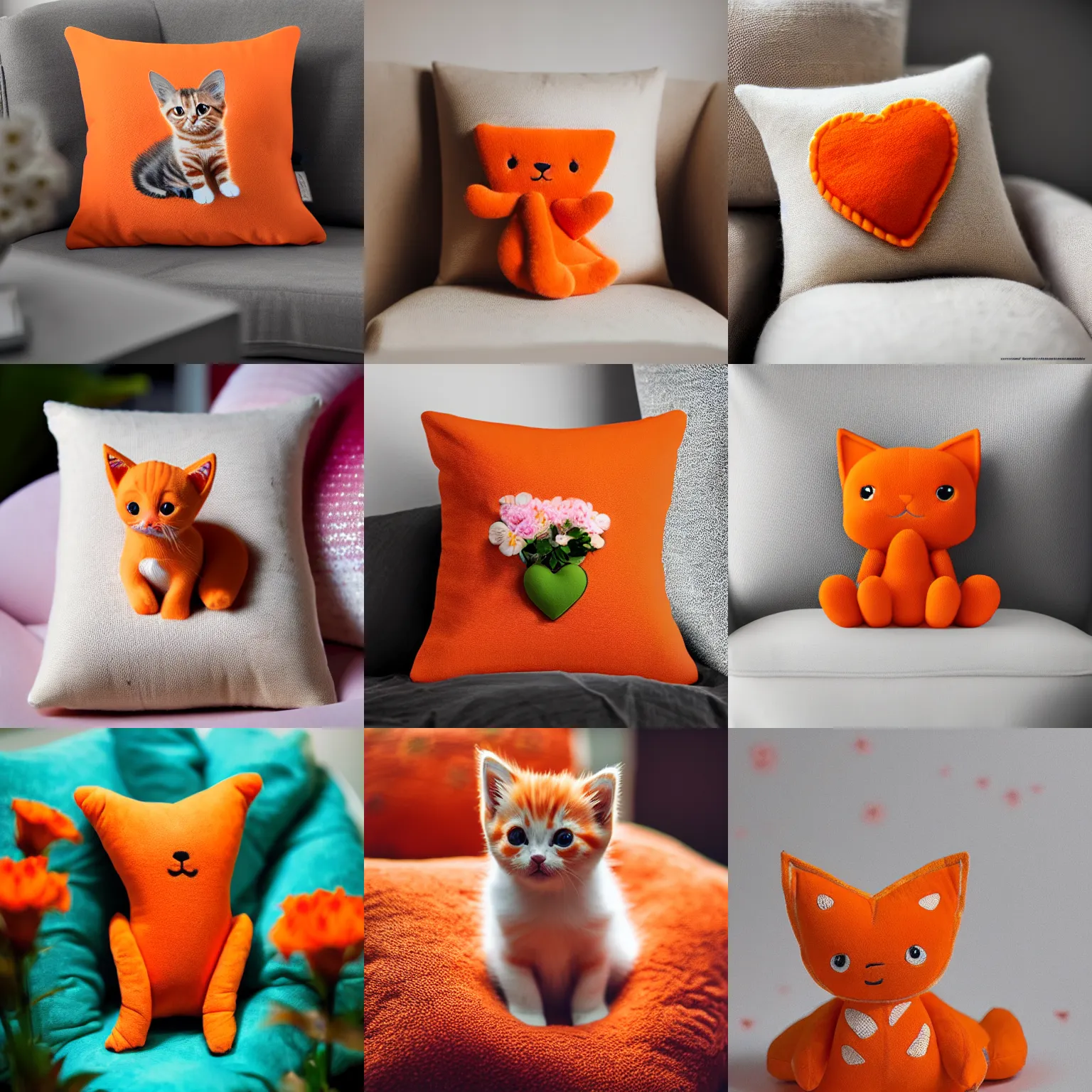 Prompt: A cute little orange kitten sits on a plush heart-shaped pillow with a pattern of flowers, cinematic lightning, medium shot, mid-shot, highly detailed, trending on Artstation, Unreal Engine 4k, cinematic wallpaper, Digital art, octane render, unreal engine, realistic. beautiful lighting, sharp, details, hyper-detailed, HD, HDR, 4K, 8K, masterpiece, bokeh