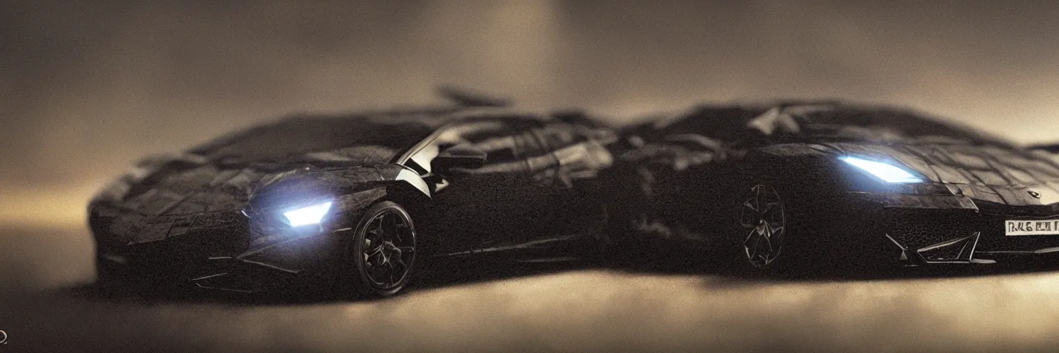 Image similar to black lego lamborghini. soft light. dark background. cinematic. intricate. close - up shot. highly detailed. matte painting in the style of craig mullins