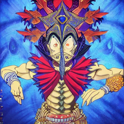 Prompt: 4 k headshot of godlike jester with defined arms and open hands and bloody clothes with giant mandala wings, intricate face, flawless anime cel animation by kentaro miura, psychedelic, highly detailed upper body, professionally post - processed, beautiful, scary, symmetry accurate features, epic, octane rendered, anime masterpiece, accurate