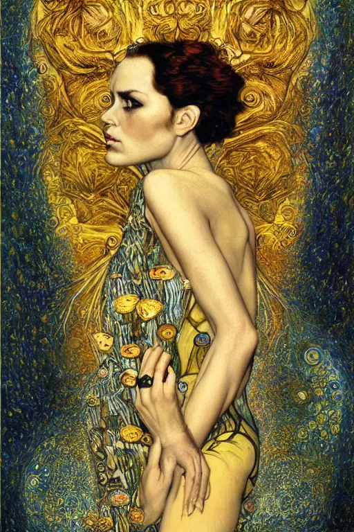 Image similar to Metamorphosis by Karol Bak, Jean Deville, Gustav Klimt, and Vincent Van Gogh, transformation portrait, visionary, otherworldly, fractal structures, ornate gilded medieval icon, third eye, dynamic, spirals