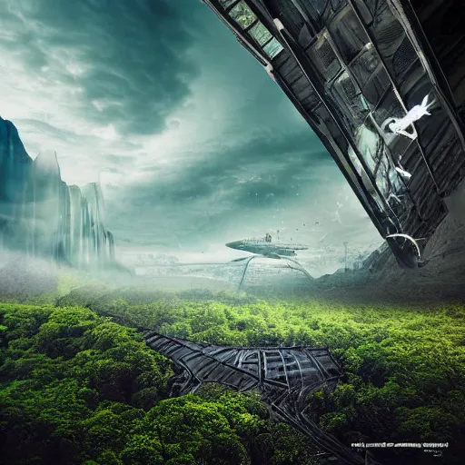 Image similar to man's catastrophic escape and decoupling from nature, futuristic matte painting, photography