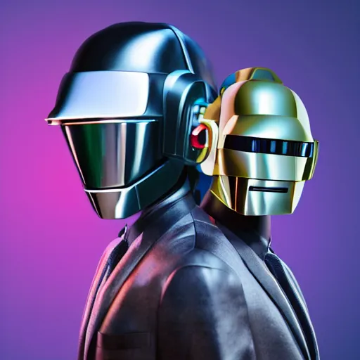 Image similar to headshot portrait of low-poly render 3D miniature daft punk kids standing back to back, twilight zone background, illustration, artgerm, octane render, inspired by Greg rutkowski, colorful, studio lighting, full body,