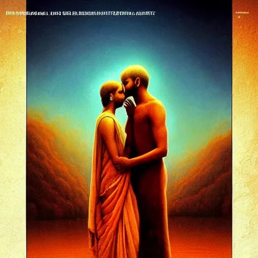 Image similar to perfectly - centered movie promotional poster - photograph of a young indian guy and a beautiful girl side profile faces symmetrical ; real life portrait by beksinski and jean delville, romantic theme, two lovers sharing one heart, unreal engine 5, photorealism, hd quality, 8 k resolution, cinema 4 d, hdr dramatic lighting ; symmetrical, cinematic, high coherence