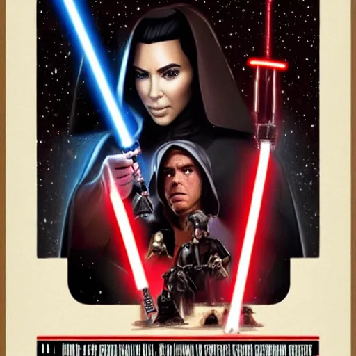 Image similar to detailed star wars movie poster with kim kardashian sith and ben shapiro jedi