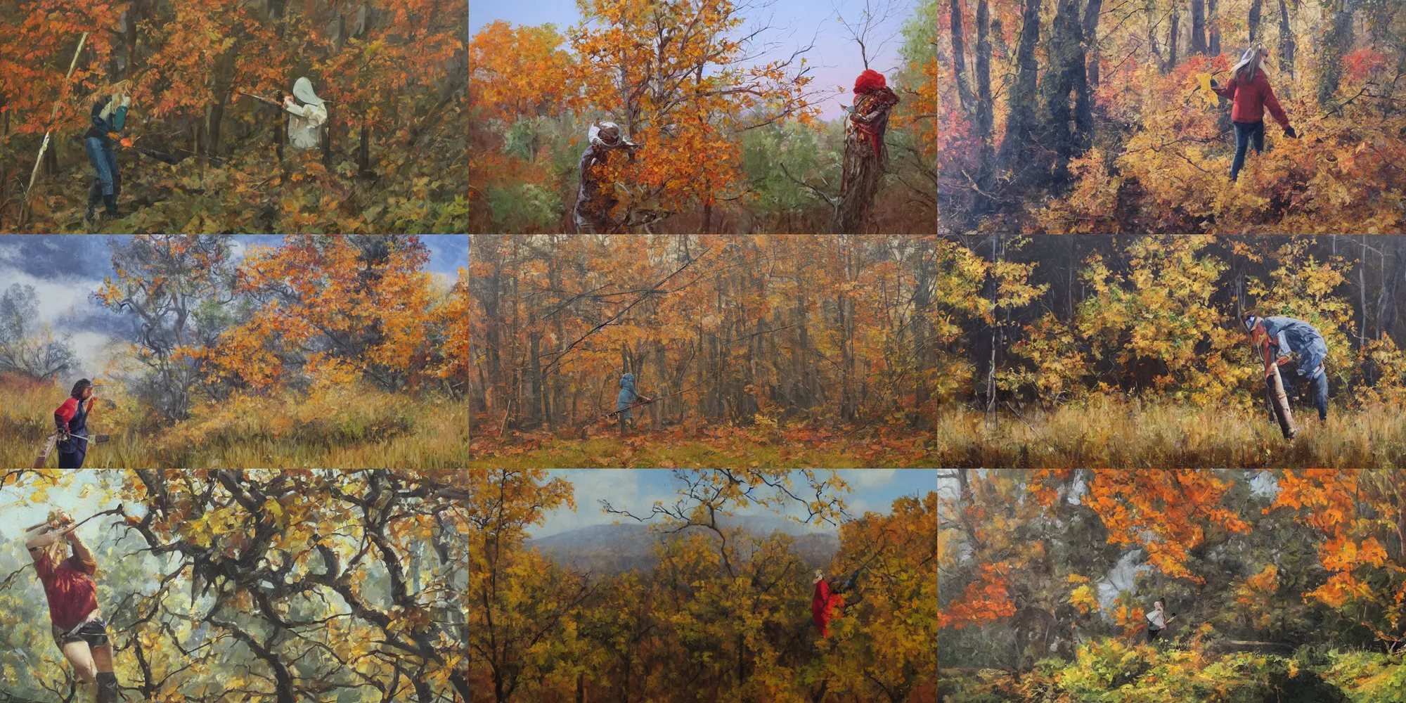 Prompt: a female cutting down a hickory, autumn mountains, hyper realistic, more details, original oil on canvas painting by sydney mount