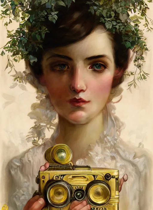 Image similar to hyper realistic photographer looking through a vintage camera, design on white background, beautiful details, lush foliage, gold, drawn by john singer sargent, tom bagshaw, norman rockwell, alphonso mucha, lolish, trending on artstation