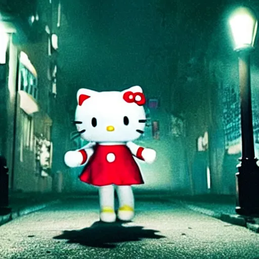 Prompt: film still of a human sized hello kitty with a knife standing on an empty street beneath a lamp, grainy, horror movie, creepy, eerie, dark, great cinematography, amazing lighting, directed by scott derrickson and sam raimi and fede alvarez