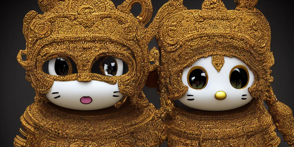 Image similar to ancient javanese hello kitty hybrid with compound eyes portrait photograph, in the style of ancient javanese, insanely detailed and intricate, golden ratio, realistic 3D, hyper-realistic, super detailed, realistic octane render, 8K, fashion photography, hard light