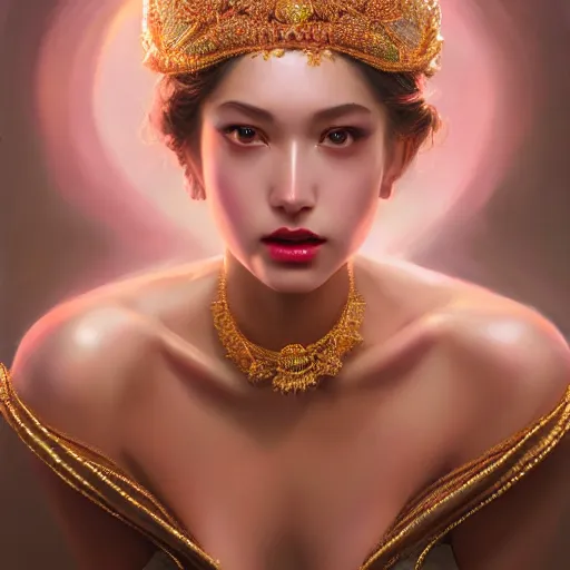 Prompt: expressive oil painting, of alluring european princess, seductive look, smooth glowing skin, glistening body, love, adoration, ornate headpiece made from beads, glamour shot, by yoshitaka amano, by greg rutkowski, by jeremyg lipkinng, by artgerm, digital art, octane render, white dress, pink lipstick