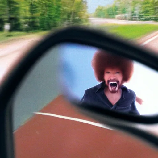 Prompt: a tiny screaming angry bob ross running your in rear view mirror