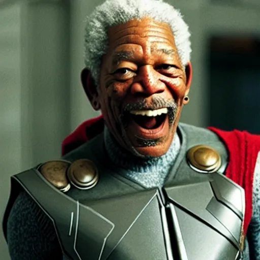 Prompt: Morgan Freeman as Thor laughing