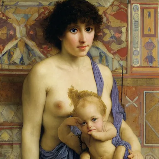 Prompt: a renaissance oil painting close shot face portrait by alma tadema of the mandalorian and baby grogu, classical stone columns, colourful pastel, detailed academic bouguereau, sharp focus, high contrast studio lighting