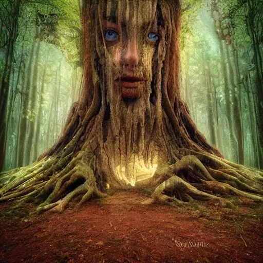 Image similar to forest, three eyed spirits, wide shot, soft colors, hands, feet, ground very detailed, wet eyes reflecting into eyes reflecting into infinity, natural lighting