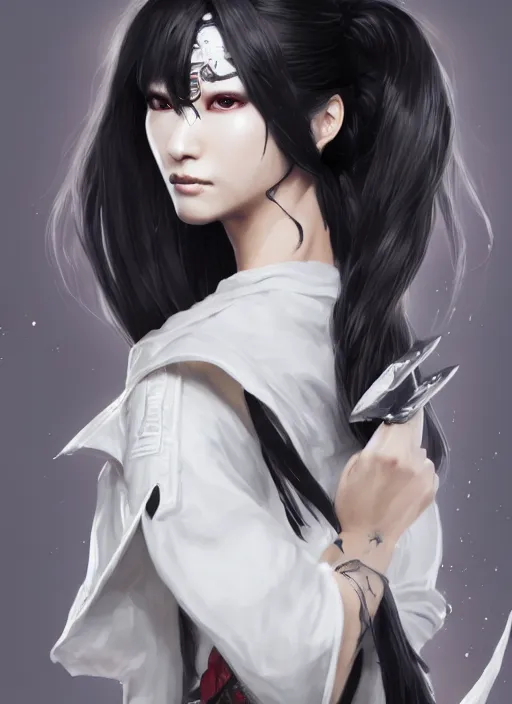 Prompt: a highly detailed illustration of fierce messy ponytail black haired one eyed japanese woman wearing long white coat, wearing eyepatch, dramatic wielding paper sword pose, intricate, elegant, highly detailed, centered, digital painting, artstation, concept art, smooth, sharp focus, league of legends concept art, wlop.
