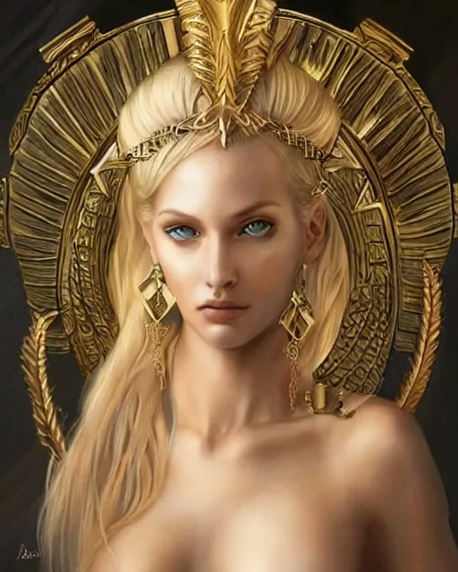 Image similar to tattoo design sketch of hot blonde super model as aphrodite greek goddess wearing a gold laurel wreath and triangle earrings, beautiful piercing gaze with sharp pupils, in the style of greg rutkowski, fantasy, amazing detail, epic, elegant, smooth, sharp focus, front view