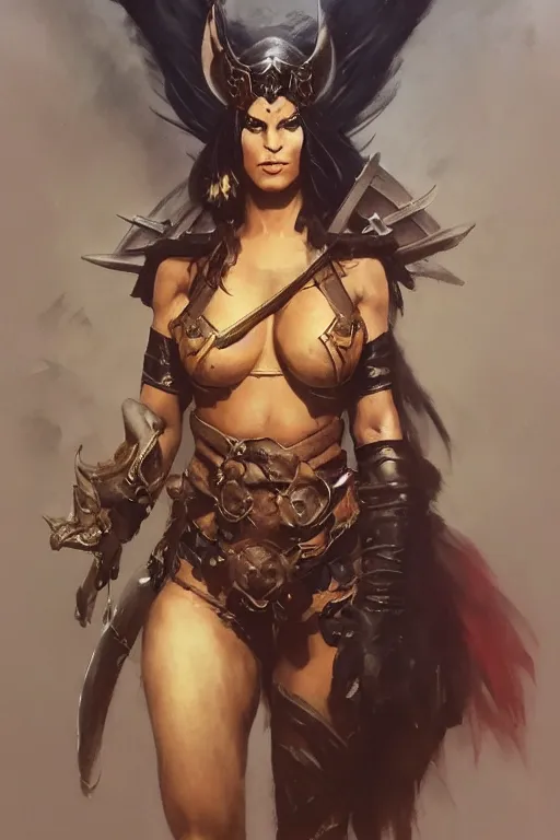 Image similar to full character portrait of a beautiful female warrior by frank frazetta, Ann Bachelier, trending on artstation, Mystical Valkyrie, realistic, clear refined, beautifully detailed, digital art, Unreal Engine, 8k, HD