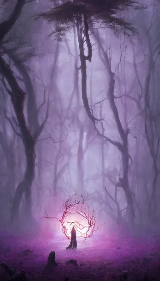Prompt: Hyper realistic oil painting of a future sci-fi ancient god on the middle of a purple forest holding a portal that's about to explode, fog, volumetric lighting, nighttime, moonlight, insane, creepy, by Greg Rutkowski