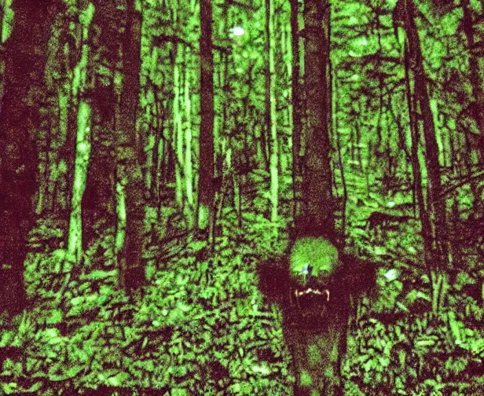 Image similar to grainy found footage of a creature in a forest, grainy, creature in view, scary, color