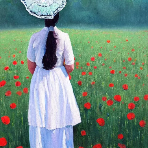 Image similar to oil painting of a women dressed in white holding a white umbrella, in field of poppies