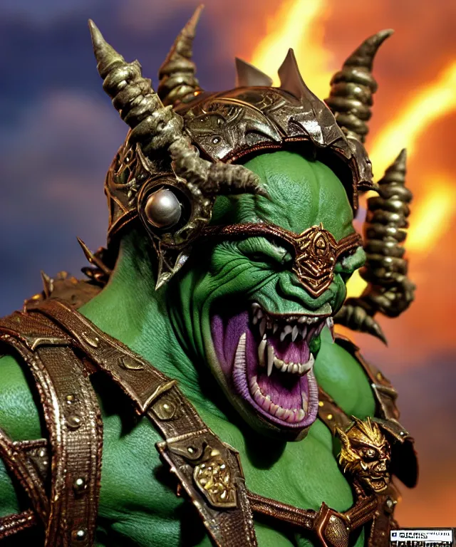 Image similar to hyperrealistic rendering, epic ornate supreme orc goblin overlord, jewel crown, war armor battle, by art of skinner and richard corben, product photography, collectible action figure, sofubi, hottoys, storm clouds, outside, lightning