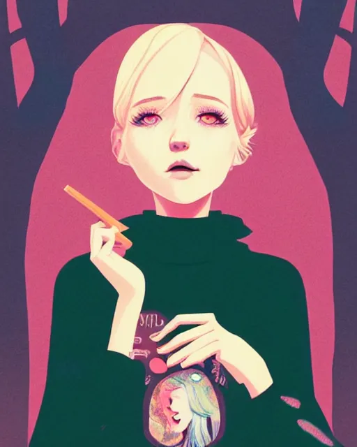 Prompt: digital illustration of pretty girl savrina with short blonde hair wearing a sweater, from alice in wonderland, smoking, in a wonderland forest at night, by ilya kuvshinov, lois van baarle, rossdraws, basquiat