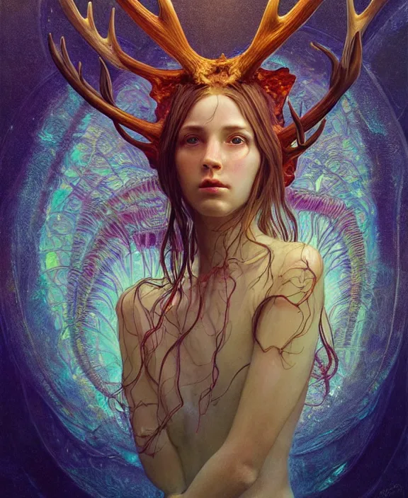 Image similar to intricate colorful transparent portrait of a terrifying beautiful alien sea creature, antlers, mottled coloring, adorable, childlike, anxiety environment, ultra realistic, concept art, art nouveau, photorealistic, octane render, 8 k, unreal engine. art by christopher marley and artgerm and greg rutkowski and alphonse mucha