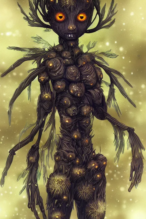 Image similar to a humanoid figure dandelion plant monster, amber eyes, highly detailed, digital art, sharp focus, ambient glow, trending on art station, anime art style