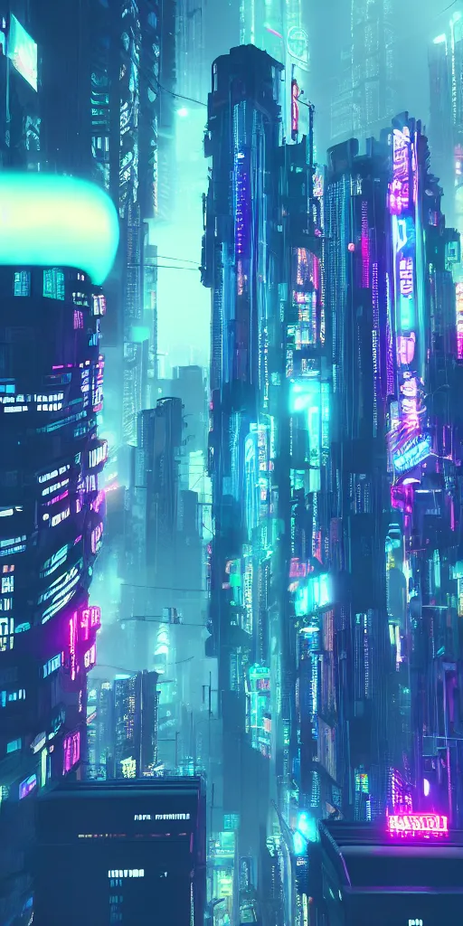 Prompt: Large cyberpunk skyscraper forest, other smaller buildings, colorful neon signs, octane render, foggy atmosphere, style of Blade Runner