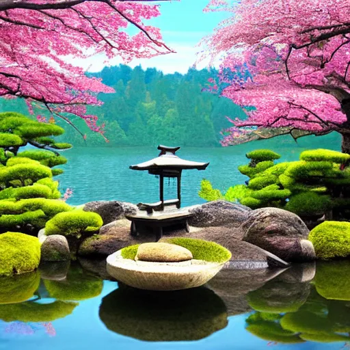 Image similar to Japanese zen garden with cherry blossoms and a lake with koi, peaceful, trending on ArtStation, dreamy