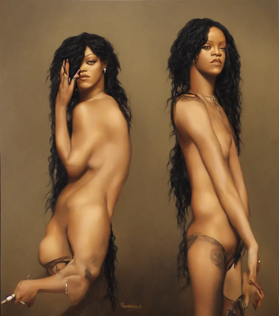 Prompt: oil painting of rihanna in the style of roberto ferri