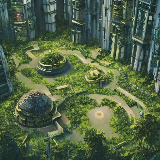 Prompt: solarpunk city overgrowth in the style of Filip Hodas and Leiji Matsumoto