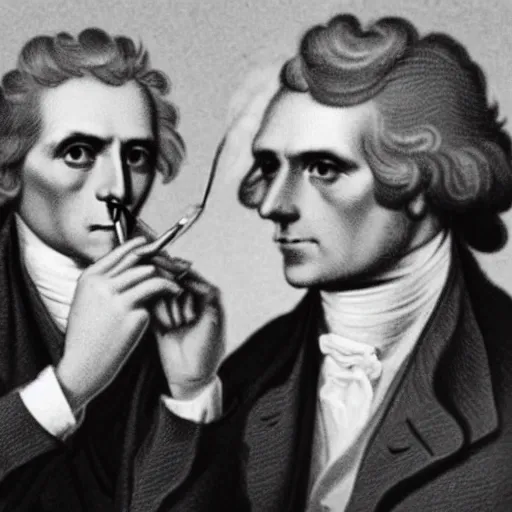 Prompt: old photograph of alexander hamllton and thomas jefferson smoking a blunt