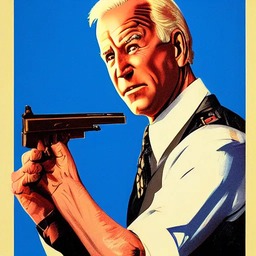 Image similar to propaganda poster of joe biden pointing gun directly at camera in james bond movie, closeup of gun, visible barrel and grip by j. c. leyendecker, bosch, lisa frank, jon mcnaughton, and beksinski