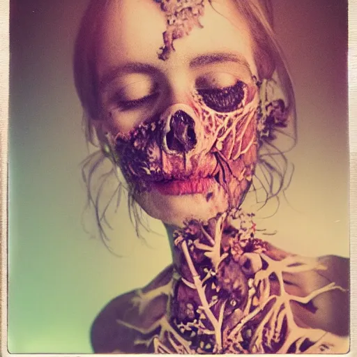 Image similar to a beautiful detailed front view portrait of a rotten woman corpse with fractal plants and fractal flowers growing around, volumetric light, beautiful lit, polaroid photography