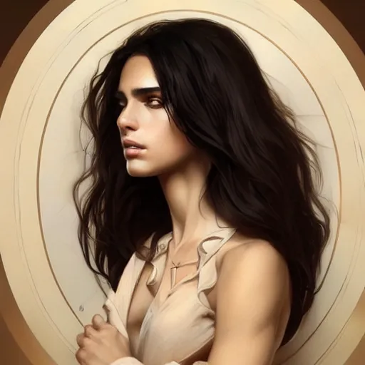 Prompt: Portrait of a Greek Supermodel, olive skin, long dark hair, beautiful bone structure, intricate, elegant, highly detailed, digital painting, artstation, concept art, smooth, sharp focus, illustration, art by artgerm and greg rutkowski and alphonse mucha