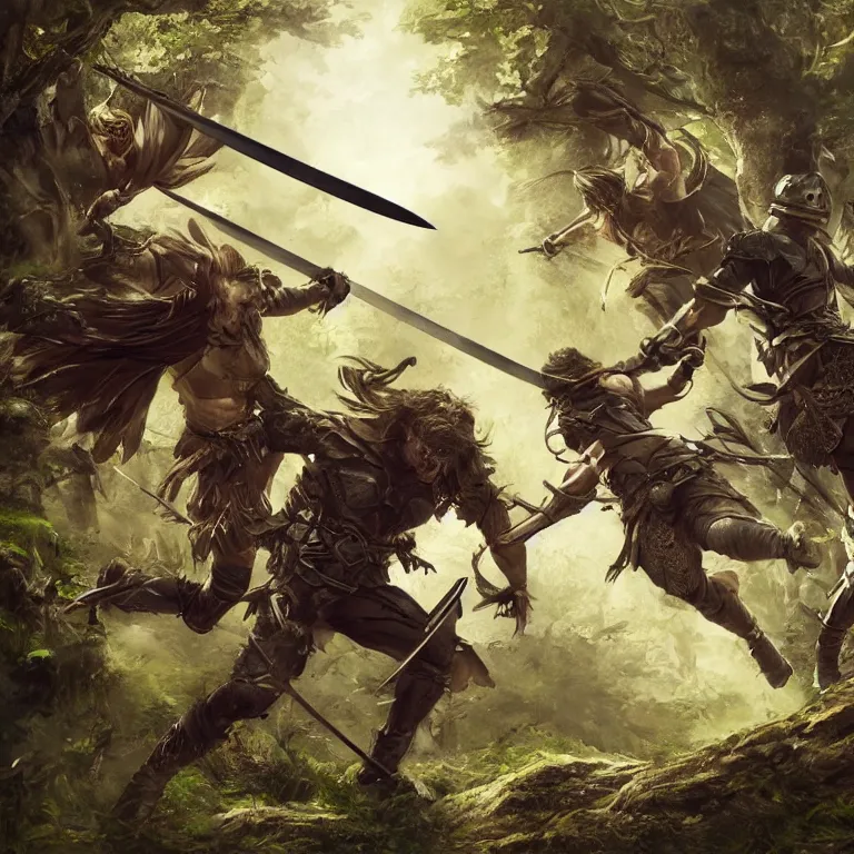 Image similar to 2 heroes fighting with swords in forest, while their armies are in the background, highly detailed, smooth, sharp focus, portrait, concept art, intricate details, fantasy poster, dark athmosphere, 8 k. lifelike. nikon d 8 5 0