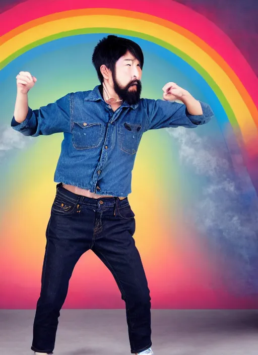 Image similar to japanese man with short hair and a beard wearing denim and leather clothes dancing next to a rainbow, full body portrait, dynamic lighting