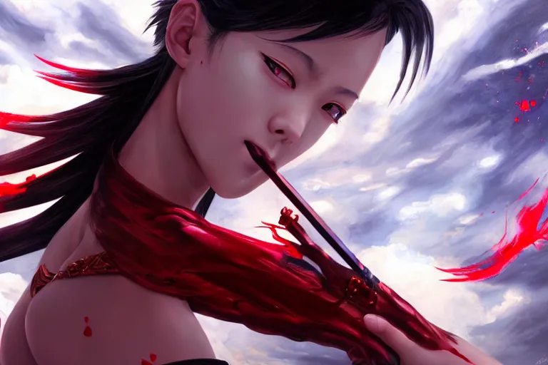 Image similar to beautiful girl holding a ego sword with red eye imprint at the top of clouds, extremely detailed and beautiful aesthetic face, seductive pose, super detailed eyes, highly detailed, digital painting, highlight scene of the movie, smooth, illustration, unreal engine 5, 8 k, art by hiroaki samura and jiro matsumoto and yusuke murata