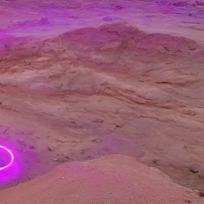 Prompt: a luminous pink and purple colored circular stargate in the dessert through which an ocean is visible