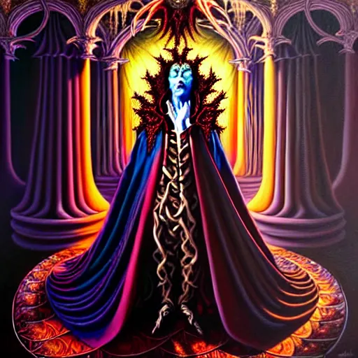 Image similar to beautiful oil painting, full length vampire in baroque coronation robes 1 7 0 1, dan mumford, dan mumford, alex grey, hyacinthe rigaurd, highly detailed, lsd visuals, dmt fractal patterns, visionary art, psychedelic art, ornate, vaporwave, baroque, greg rutkowski